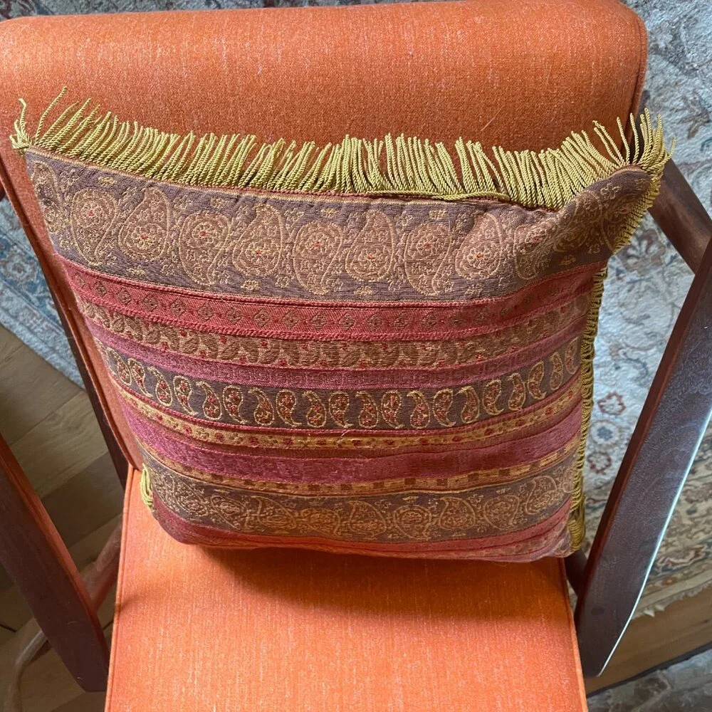 ARHAUS Cotton Orange/Red Paisley Greek Key with Gold Fringe Down Throw Pillow